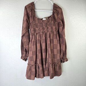 Babydoll Tiered Dress S Brown Plaid Cotton Smocked Academia Cottage Long Sleeve